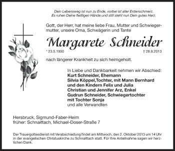 Traueranzeige von Margarete Schneider von Pegnitz-Zeitung